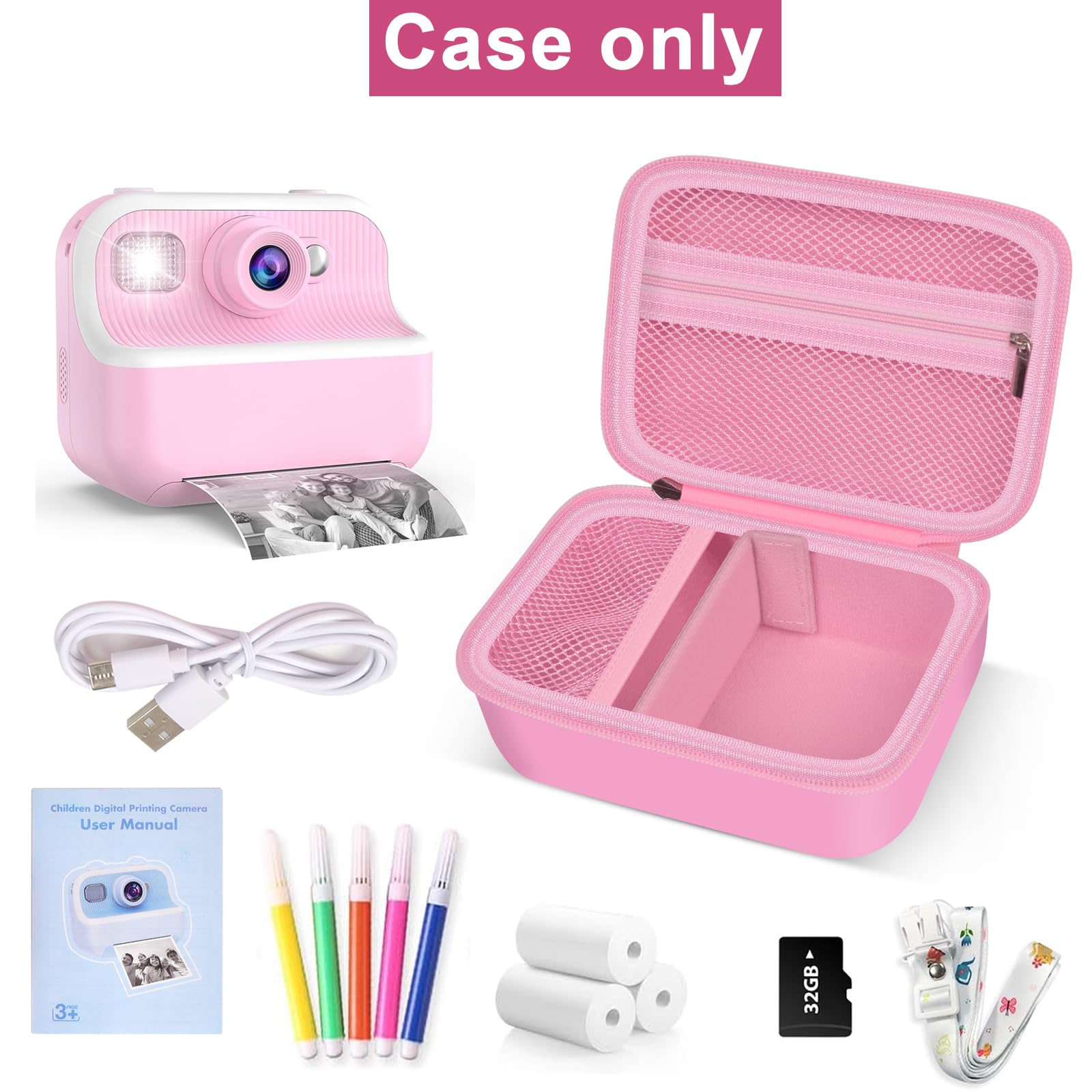 Kids digital camera case interior with adjustable dividers and mesh pocket