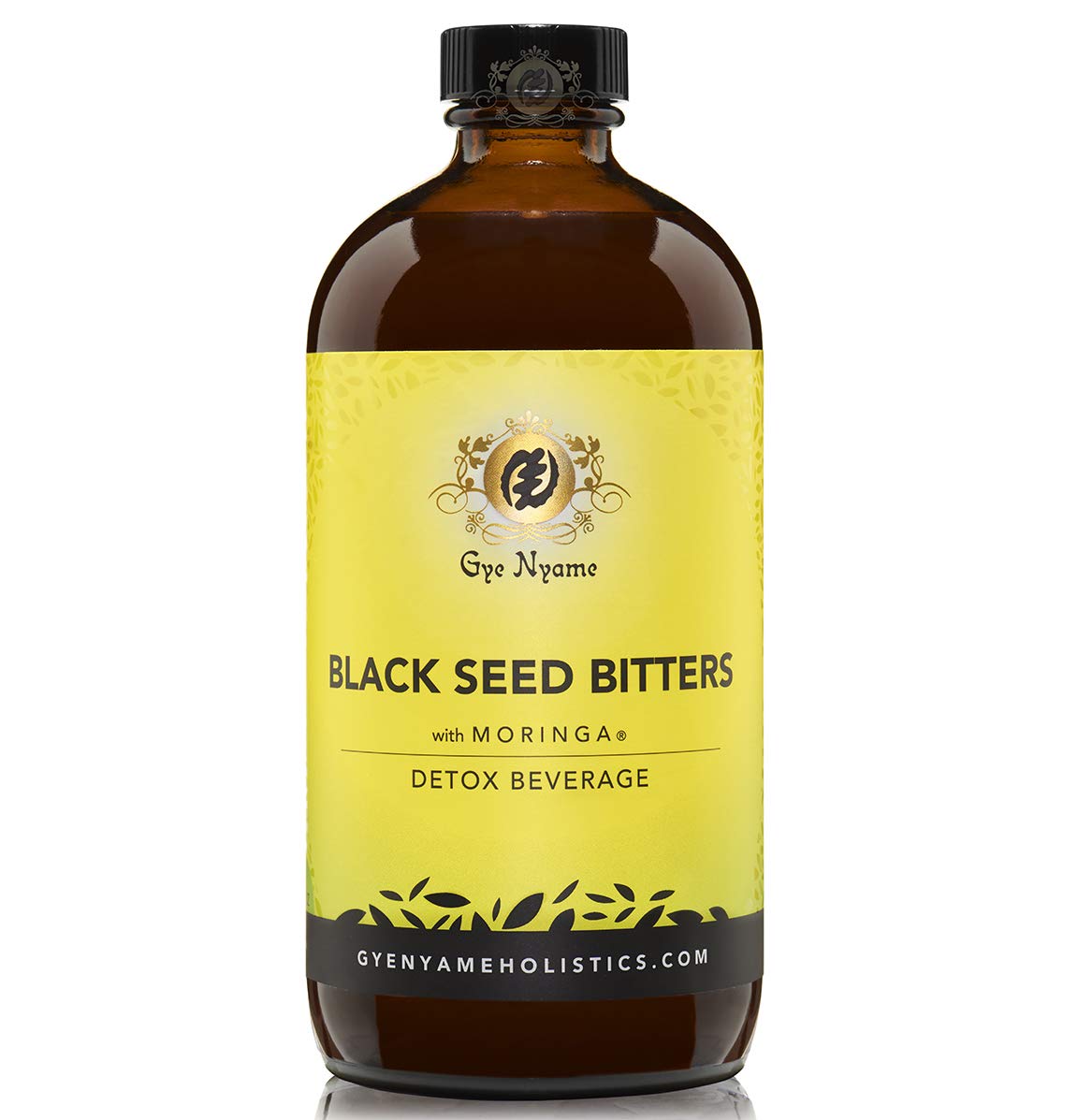Gye Nyame Black Seed Bitters Moringa pack front view, showcasing three 16 oz bottles for easy detox routine.
