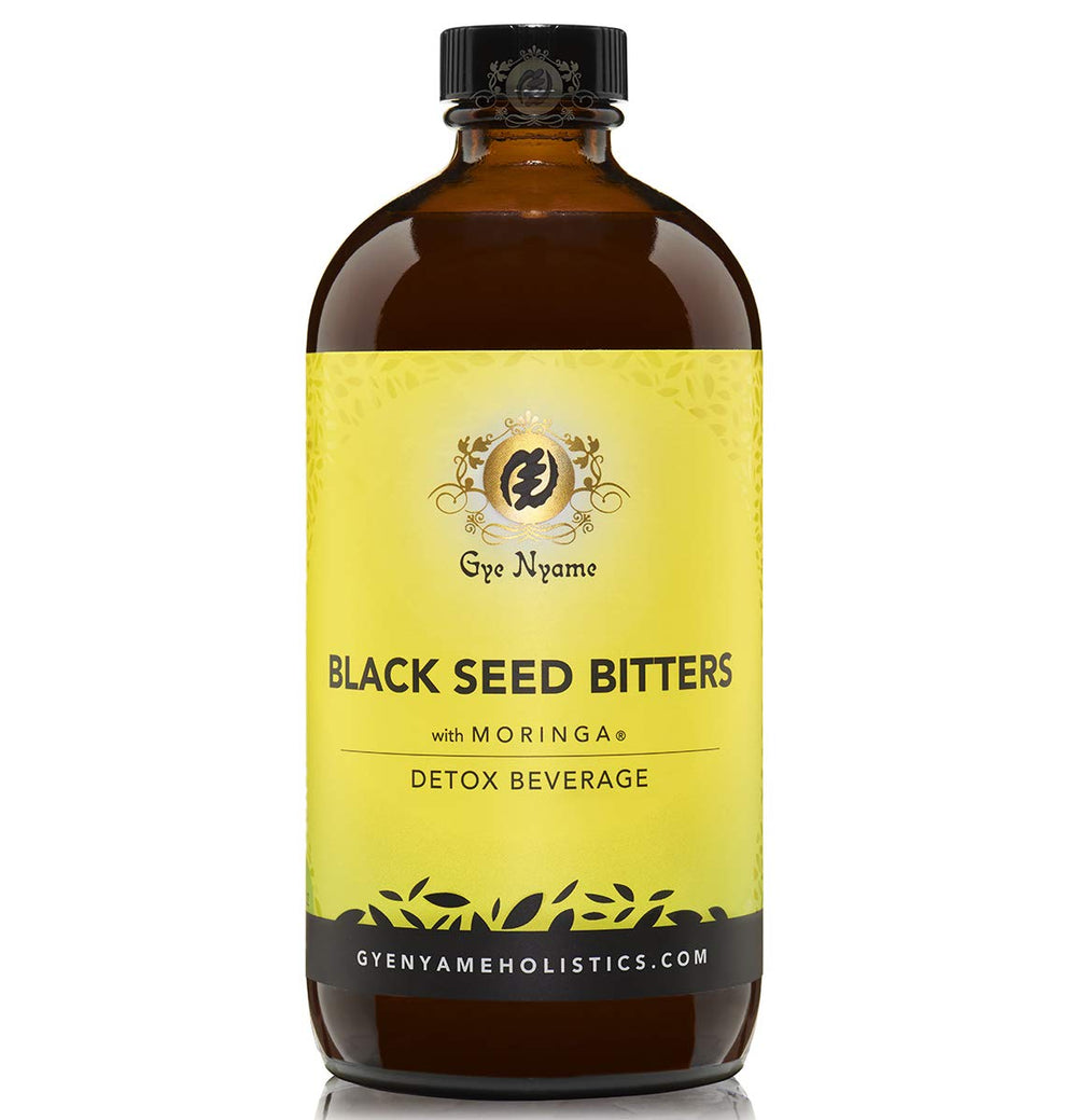 Gye Nyame Black Seed Bitters Moringa pack front view, showcasing three 16 oz bottles for easy detox routine.