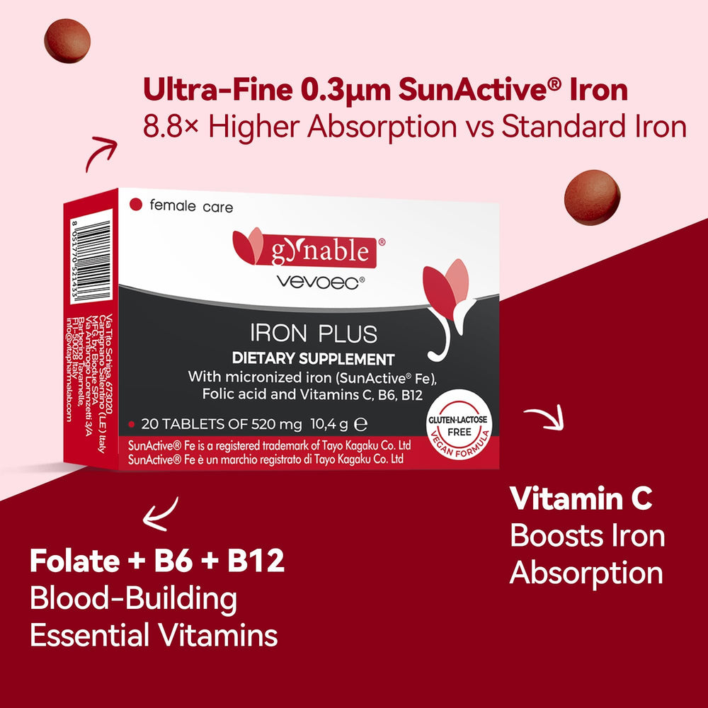 Close-up of Gynable Iron Plus tablet showing 18 mg iron