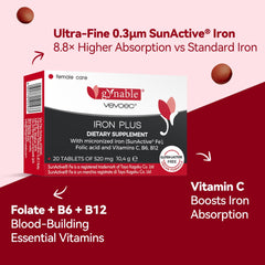 Close-up of Gynable Iron Plus tablet showing 18 mg iron