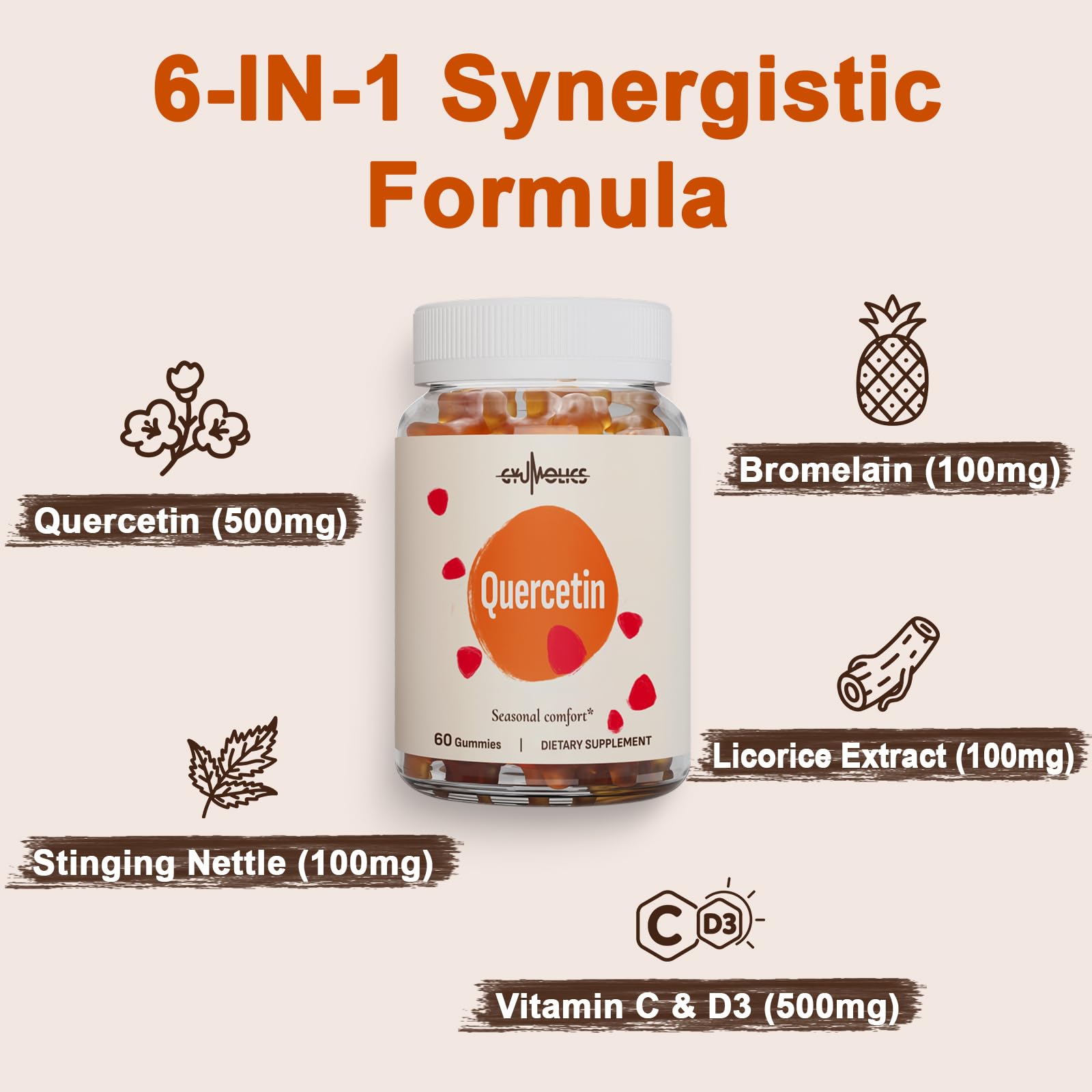Bottle label featuring quercetin, bromelain, vitamin C and vitamin D3