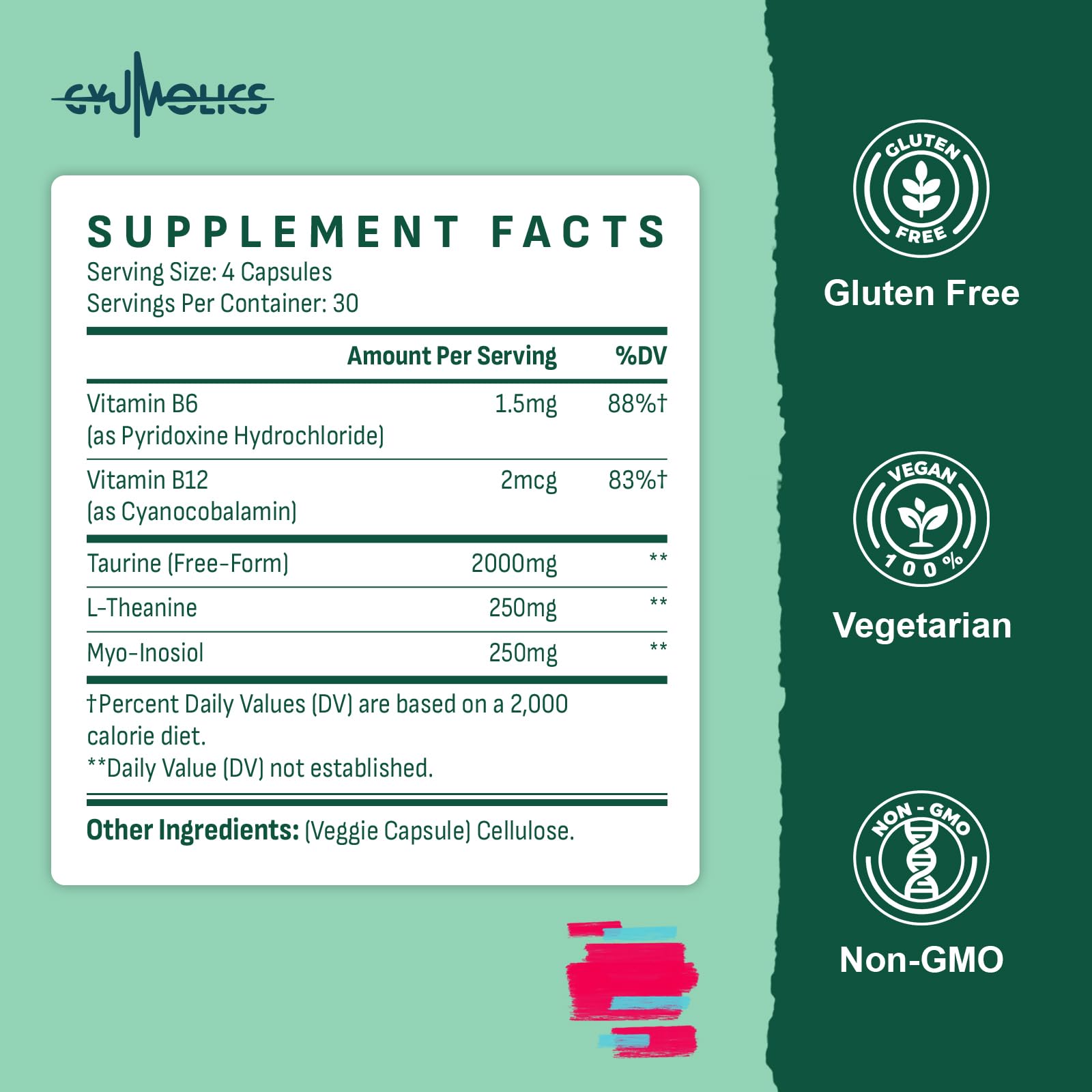 L-Theanine, Inositol, B6 and B12 supplement graphic