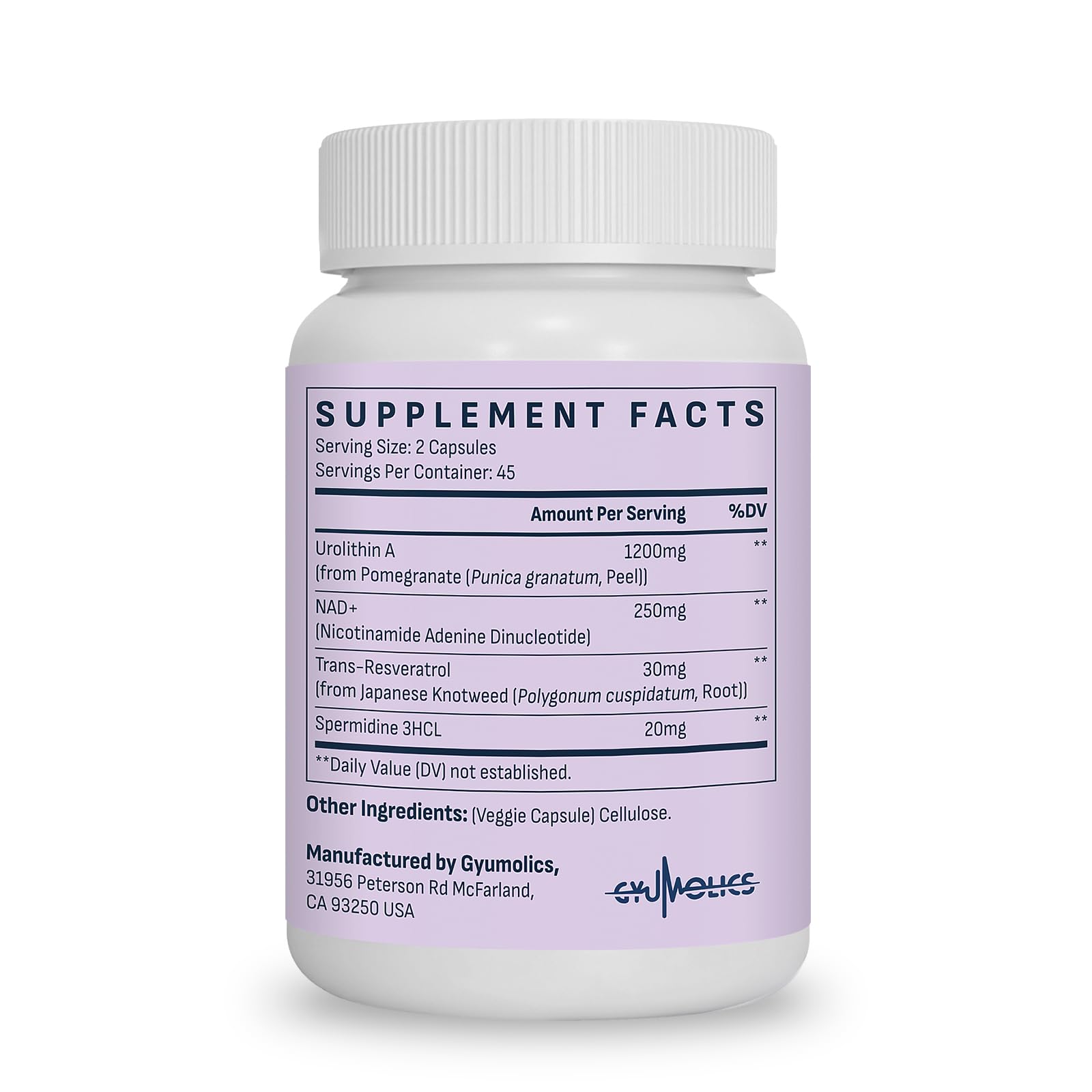 Close-up of Gyumolics Urolithin A 1200mg bottle with branding