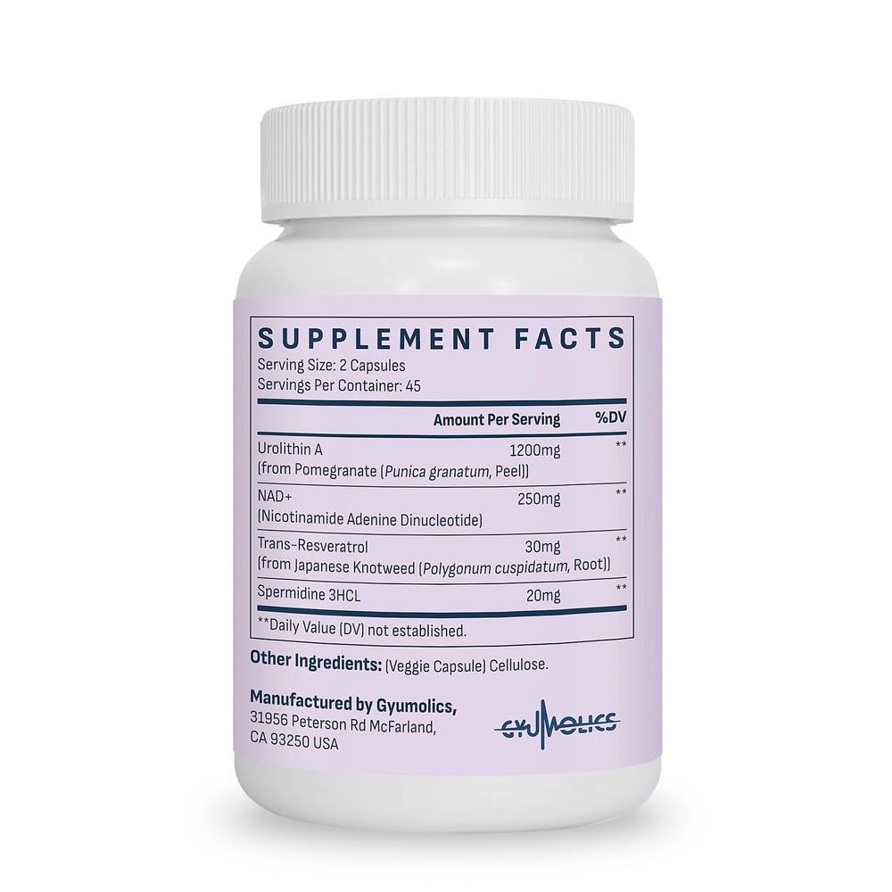 Close-up of Gyumolics Urolithin A 1200mg bottle with branding