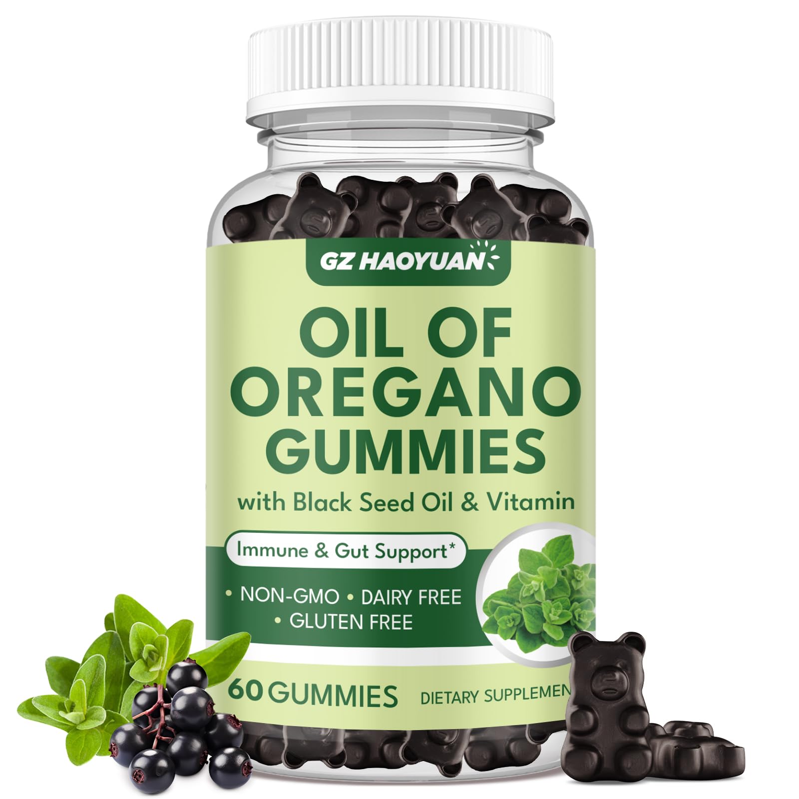 Bottle of GZ Hao Yuan Oil of Oregano Gummies with Black Seed Oil and Vitamin D3