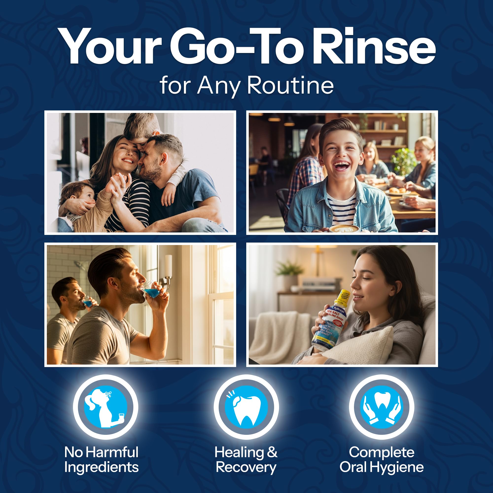 Illustration of use for piercings and gums with H2Ocean Healing Rinse