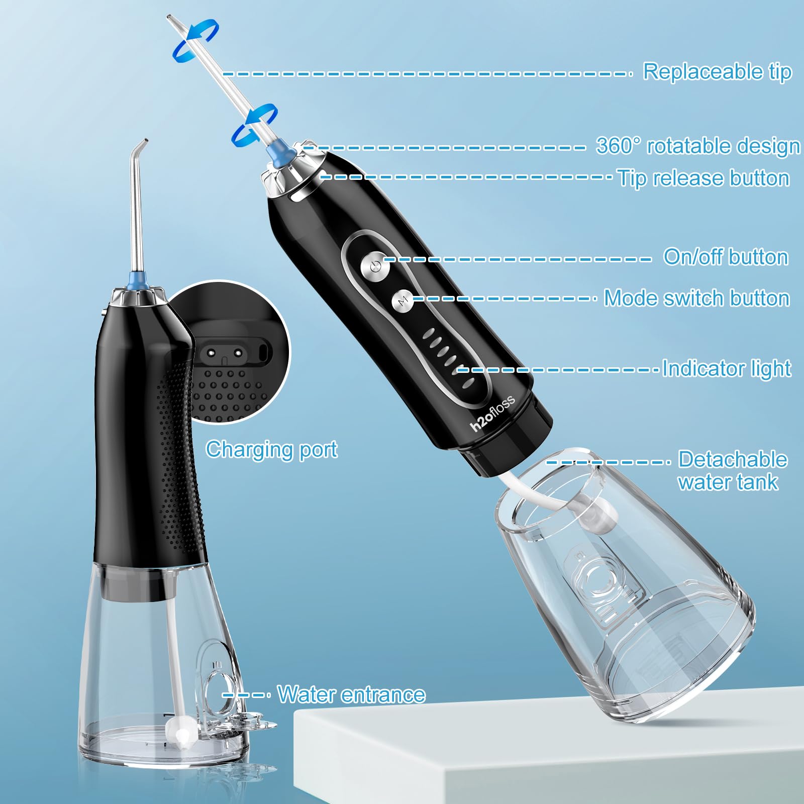 Lifestyle image showing portable dental flosser in use