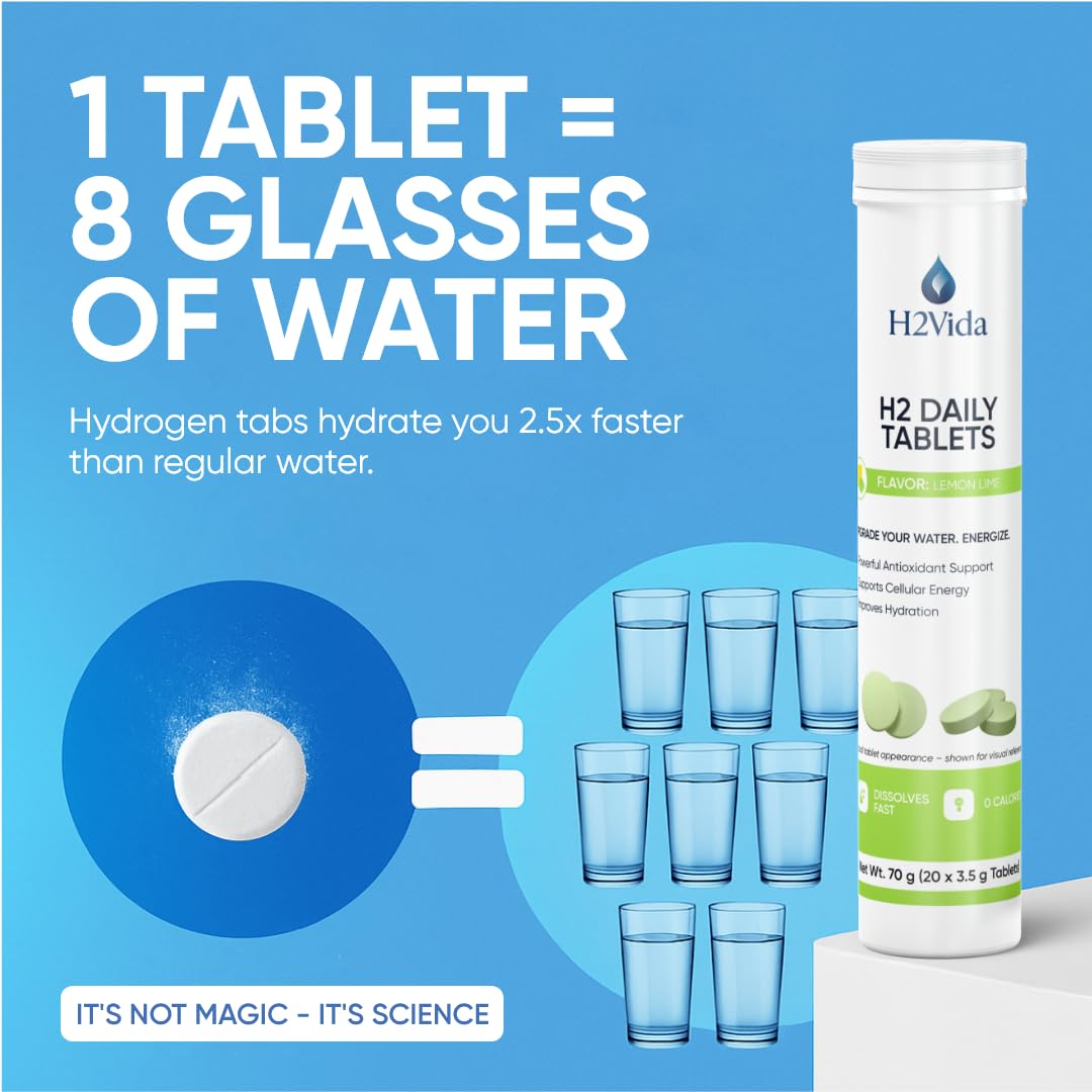 Glass of water with lemon lime flavored H2Vida tablet dissolving