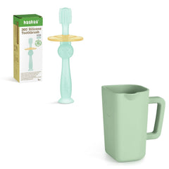 Haakaa 360° Baby Toothbrush and Bath Rinse Cup in blue with pea green accents, front view