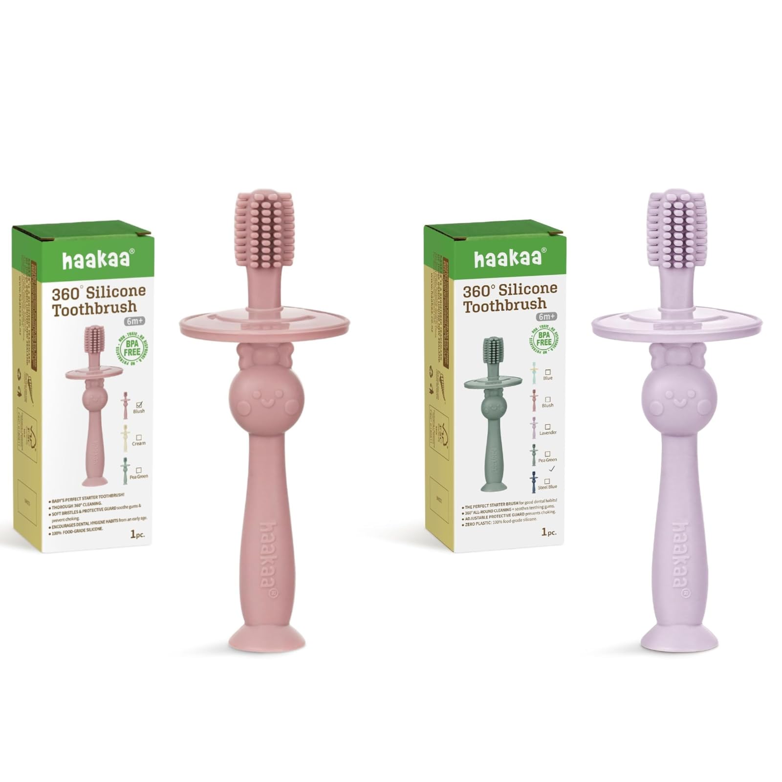 Haakaa 360° Baby Toothbrush with suction base in blush color
