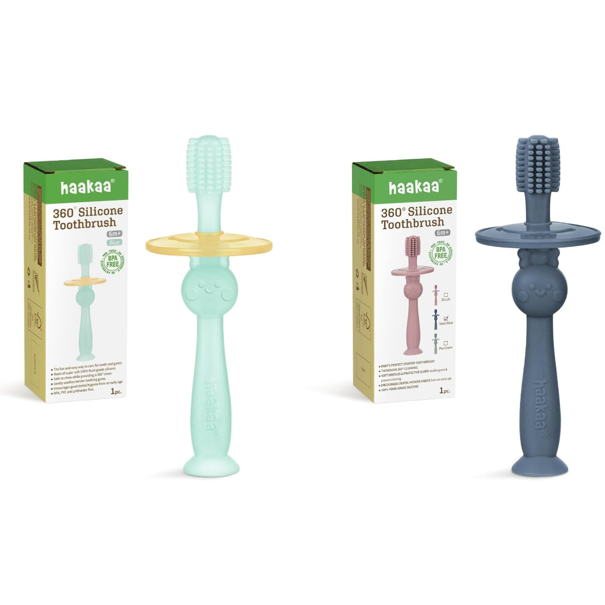 Haakaa 360° Baby Toothbrush with suction base in blue/steel blue, front view (2 pcs)