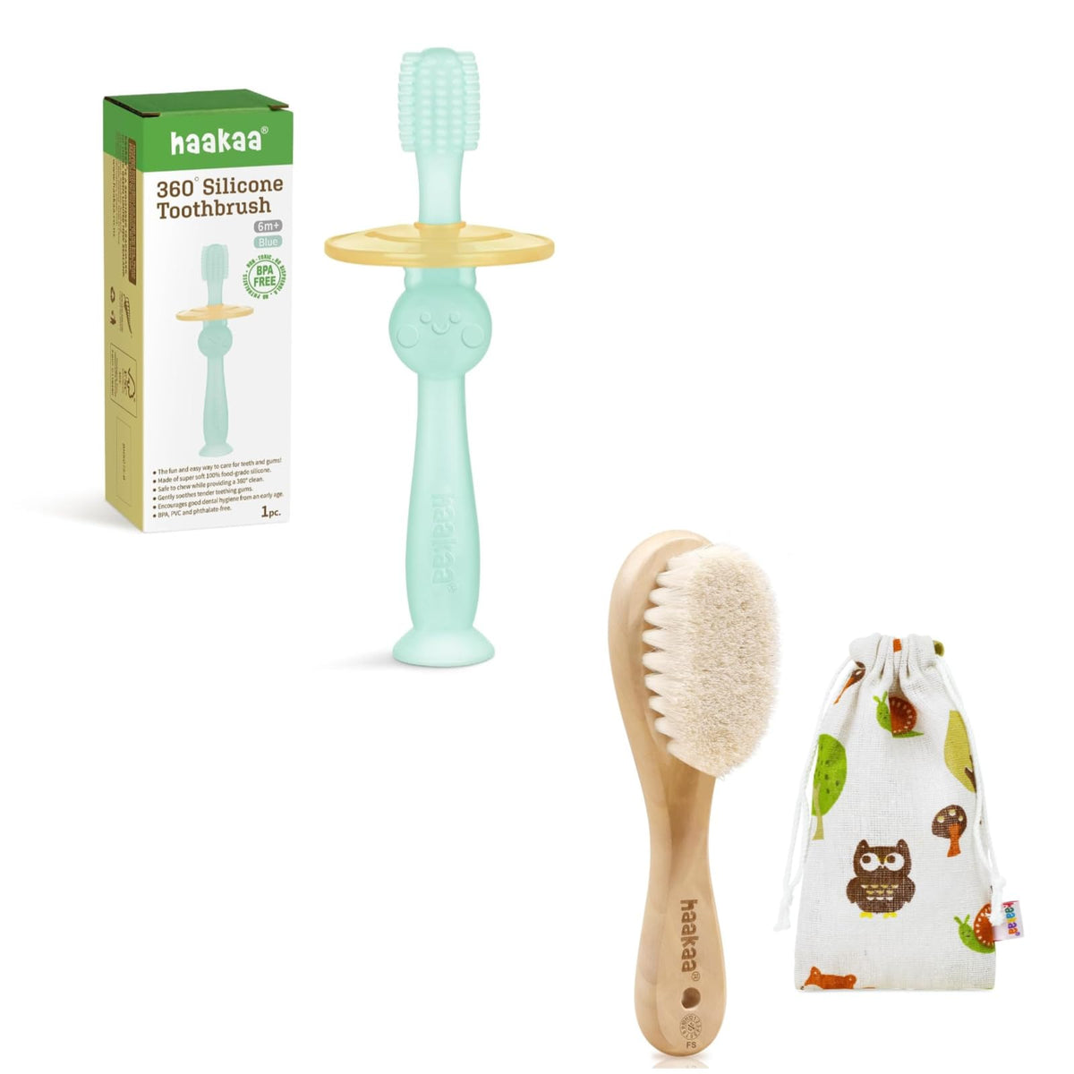 Haakaa 360° baby toothbrush with blue suction base