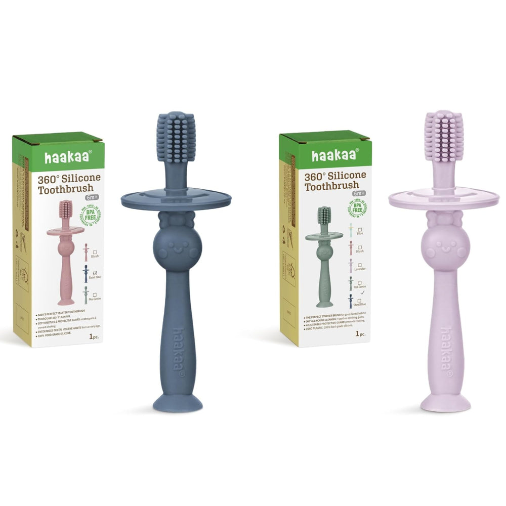 haakaa 360° baby toothbrush steel blue and lavender with 360° bristles
