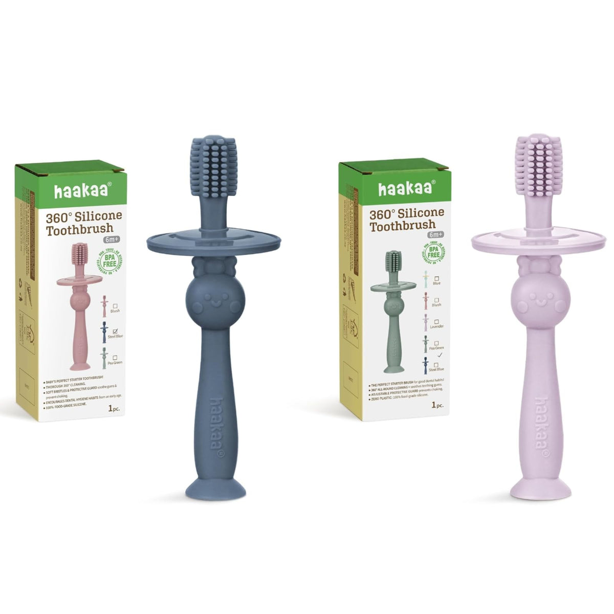 haakaa 360° baby toothbrush steel blue and lavender with 360° bristles