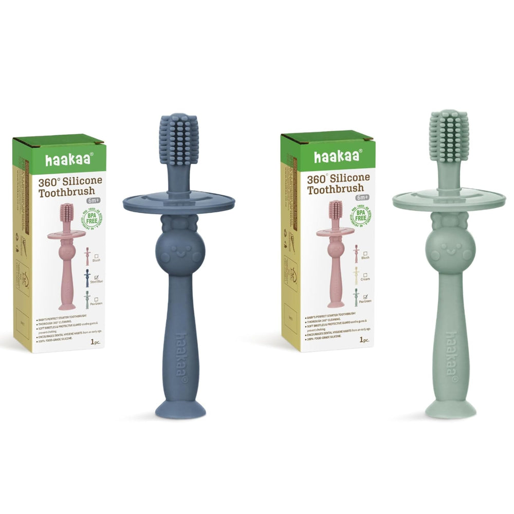 Haakaa 360-Degree Baby Toothbrush with steel blue suction base