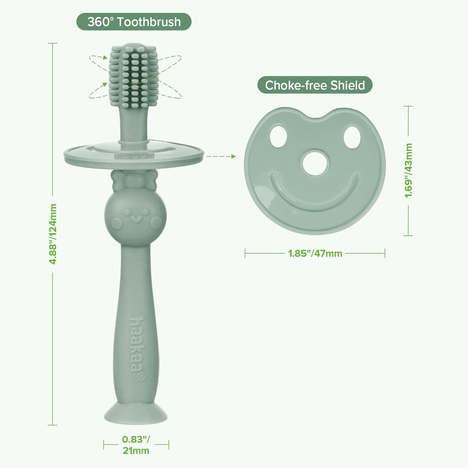 Pack of two Haakaa baby toothbrushes in steel blue and pea green