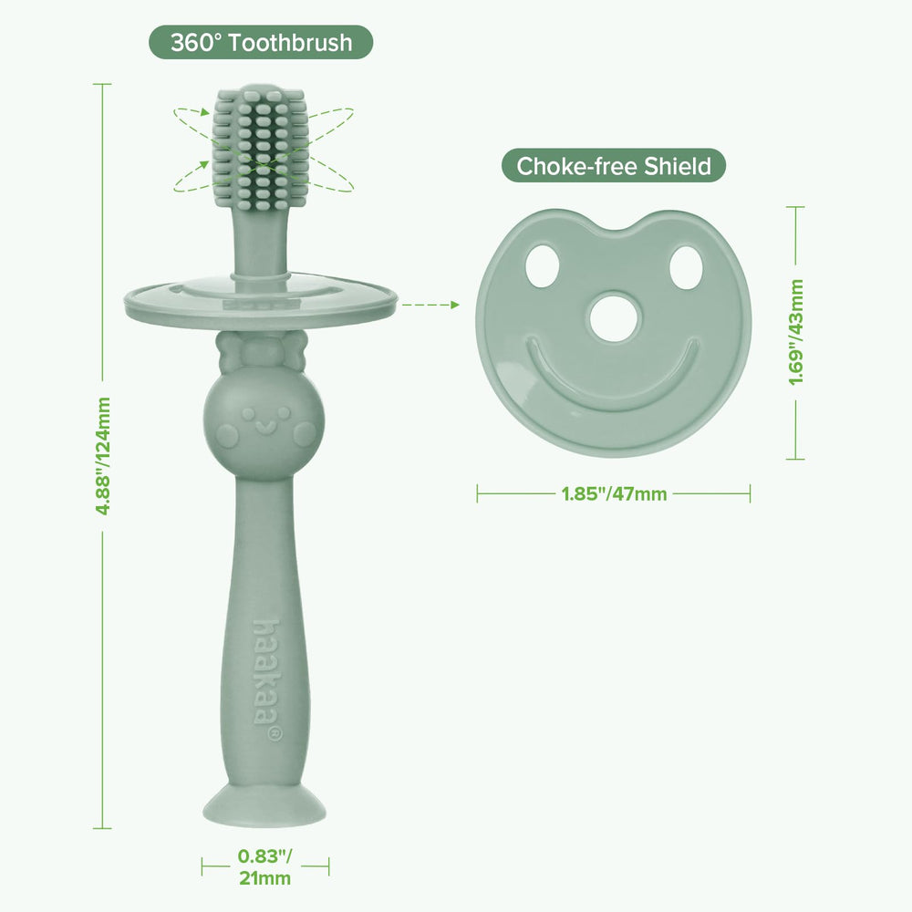 Pack of two Haakaa baby toothbrushes in steel blue and pea green