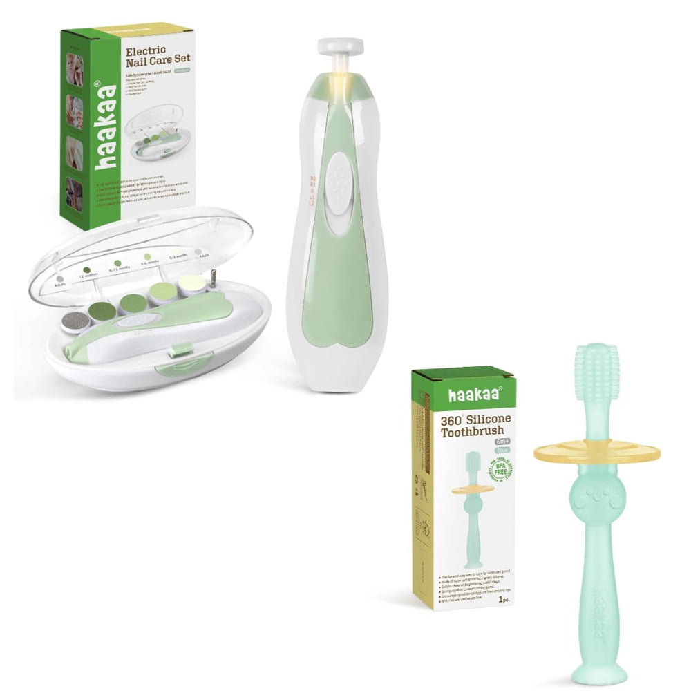 Haakaa electric baby nail file in green with blue 360° toothbrush front view