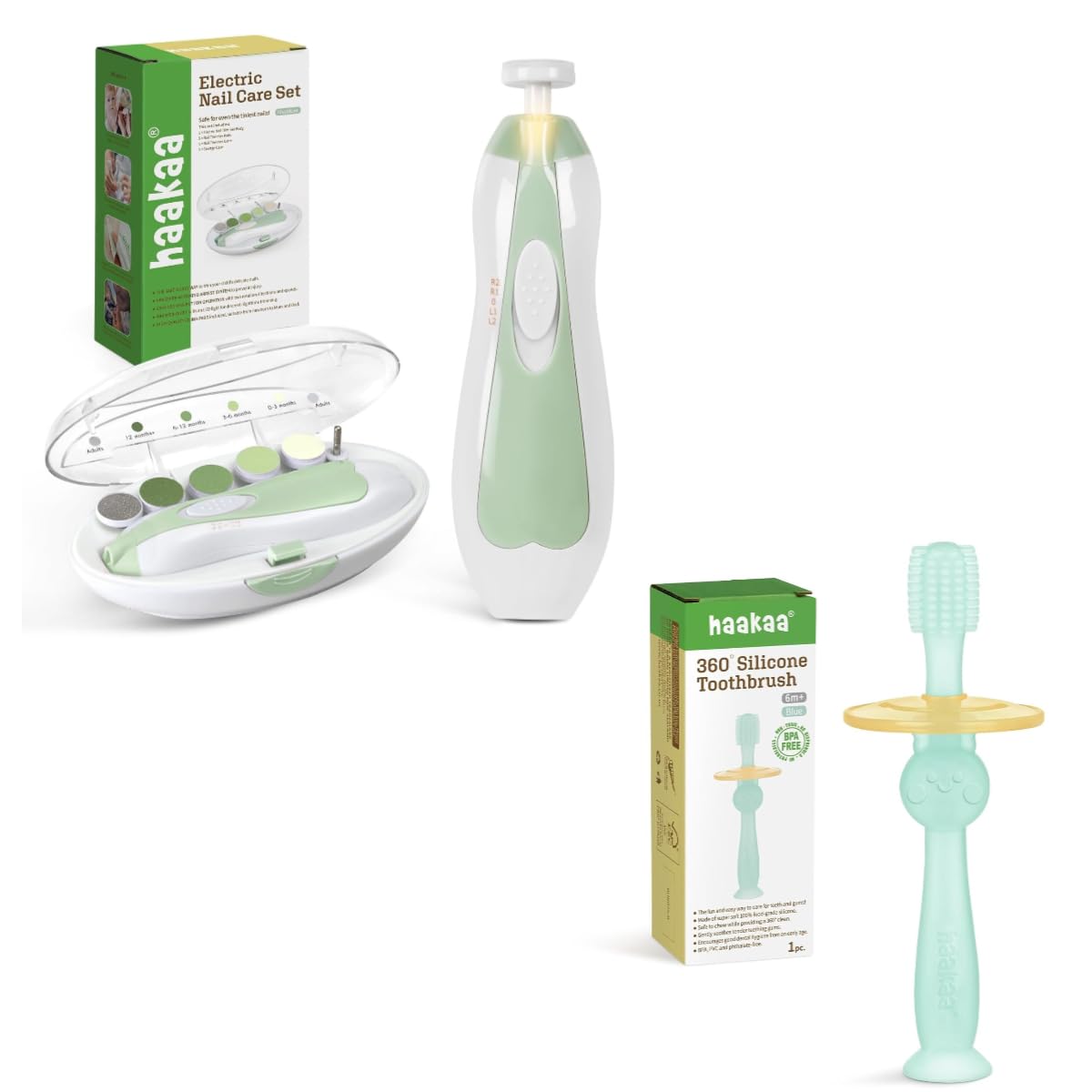 Haakaa electric baby nail file in green with blue 360° toothbrush front view