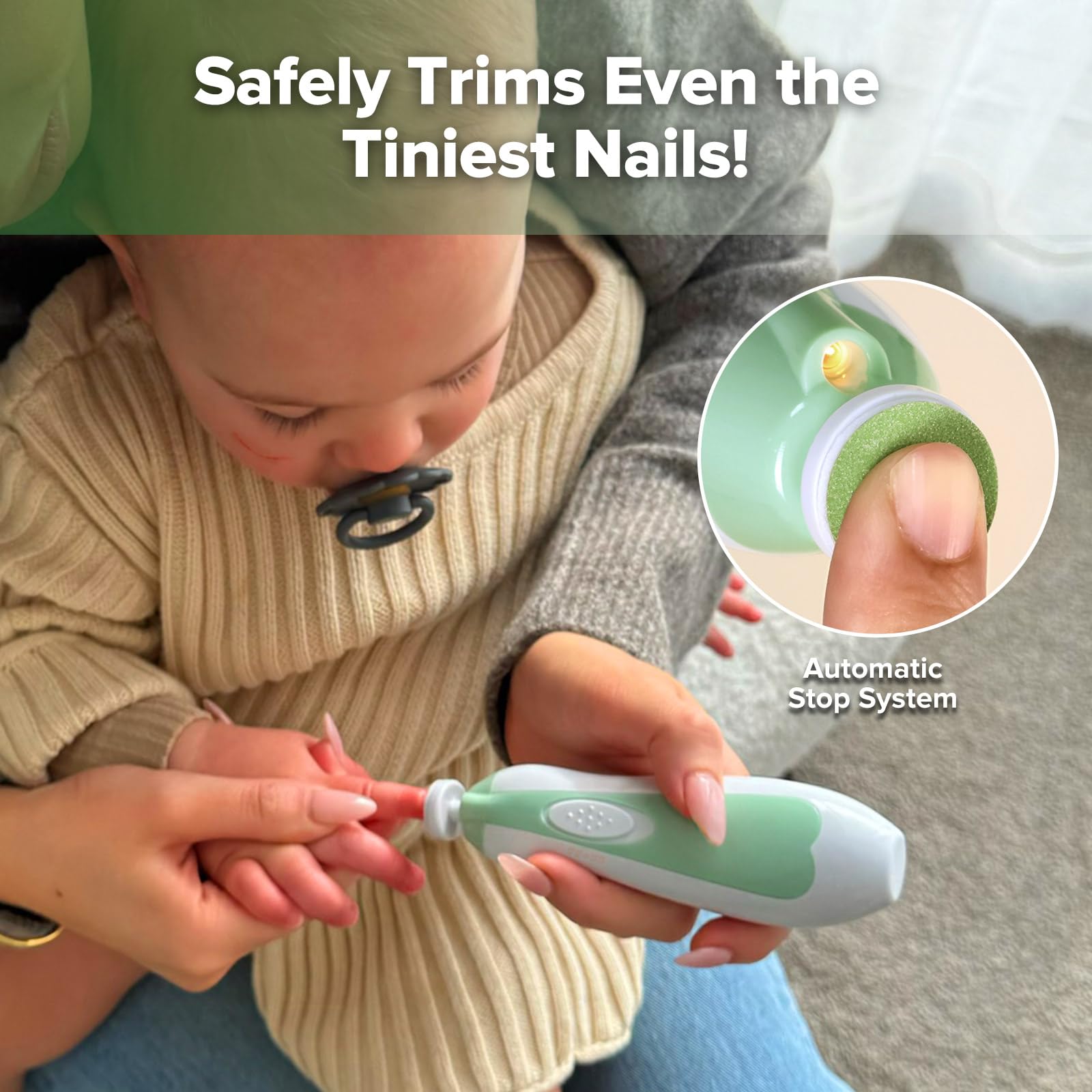 Green Haakaa nail file showing safety system and speed controls