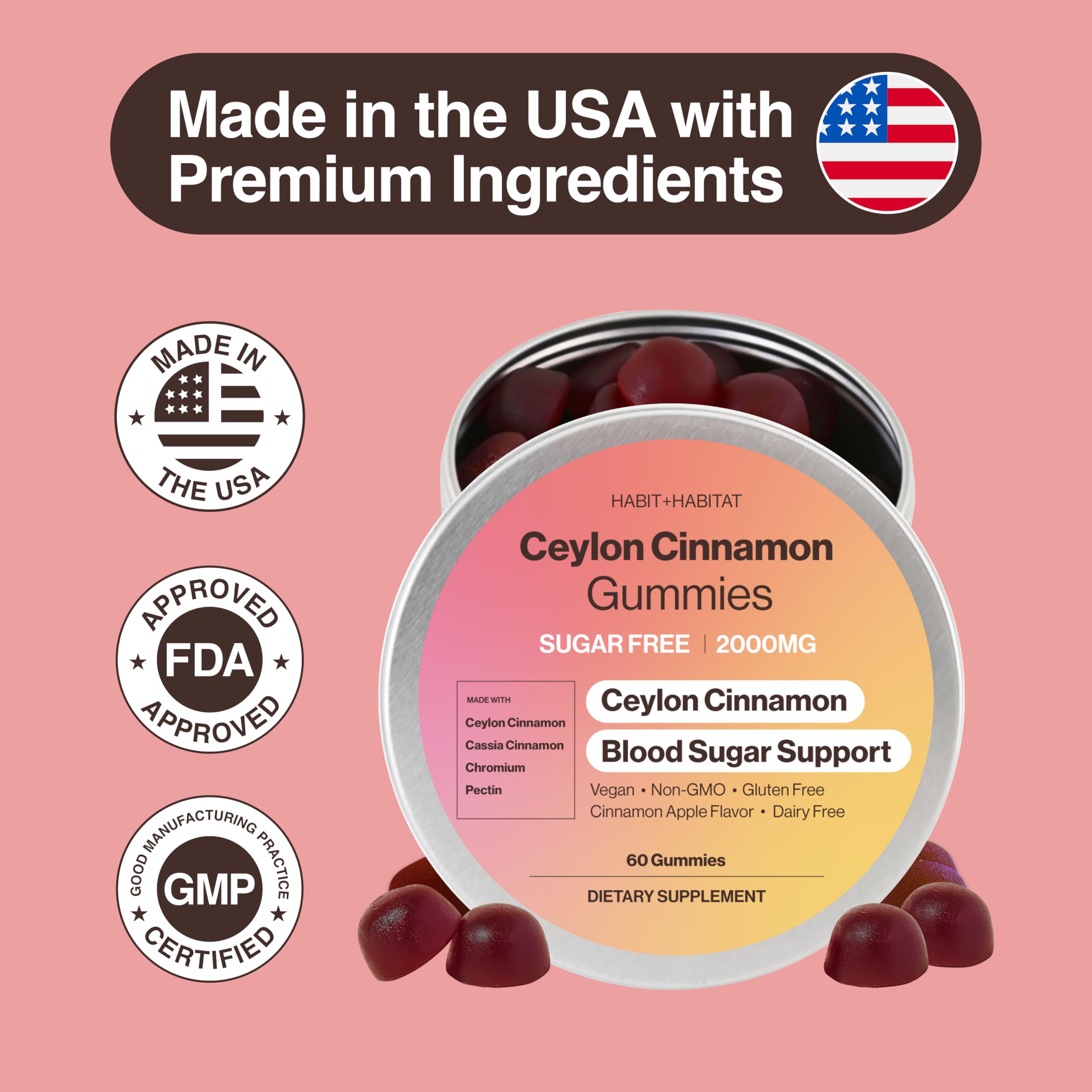 Label showing gluten-free vegan non-GMO soy-free Cinnamon Complex Chromium