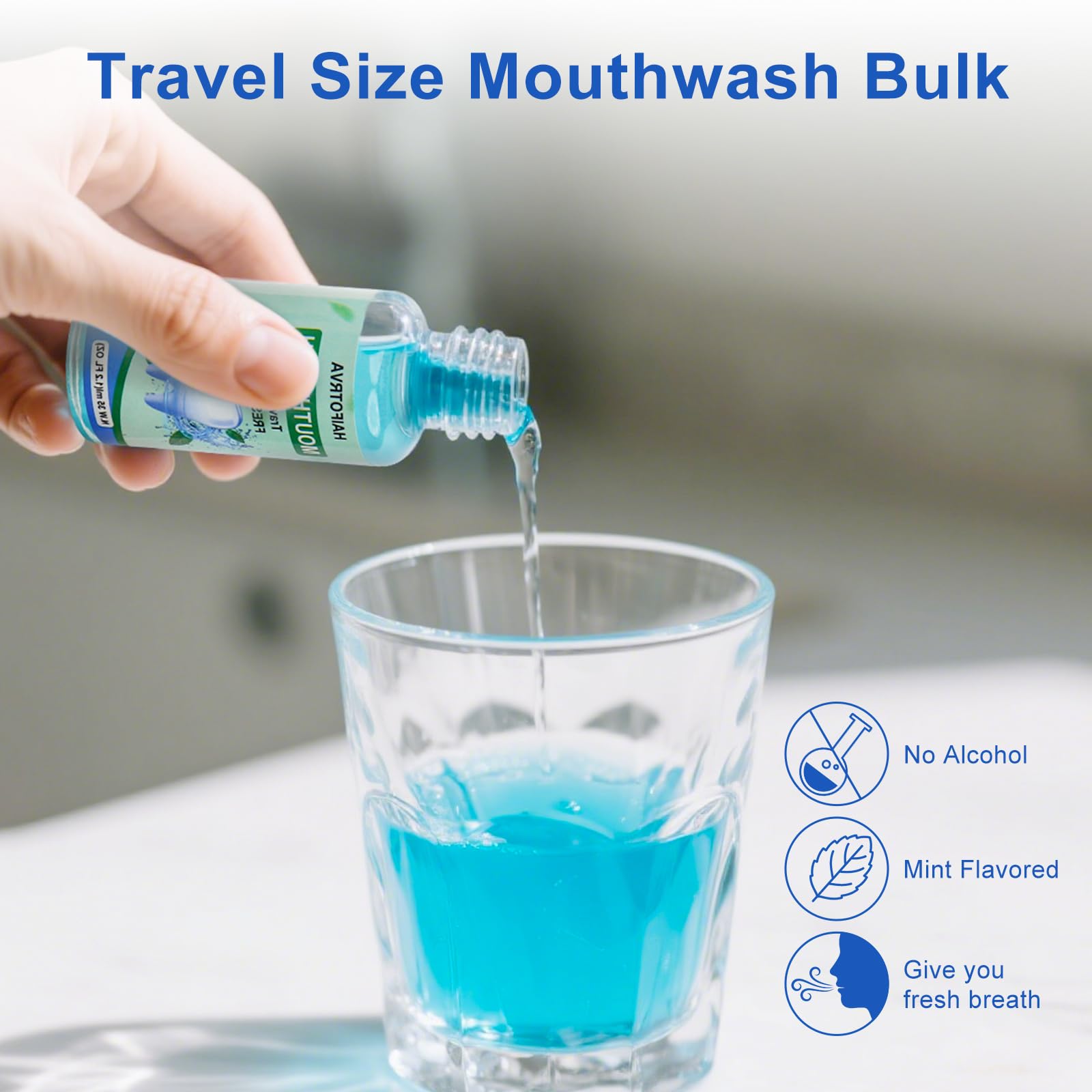 Close-up of mint flavor mini mouthwash bottle