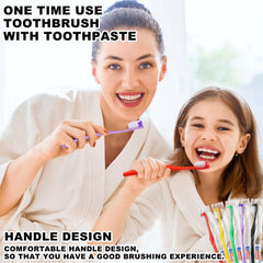 Pack shot showing 400 disposable toothbrushes with toothpaste in five colors