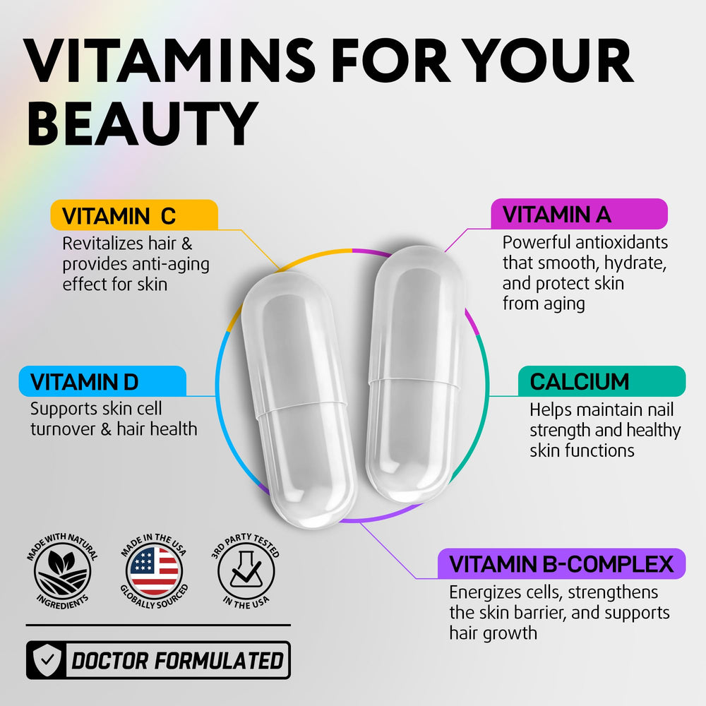 Hair growth vitamins packaging showing Biotin, Collagen, and Keratin