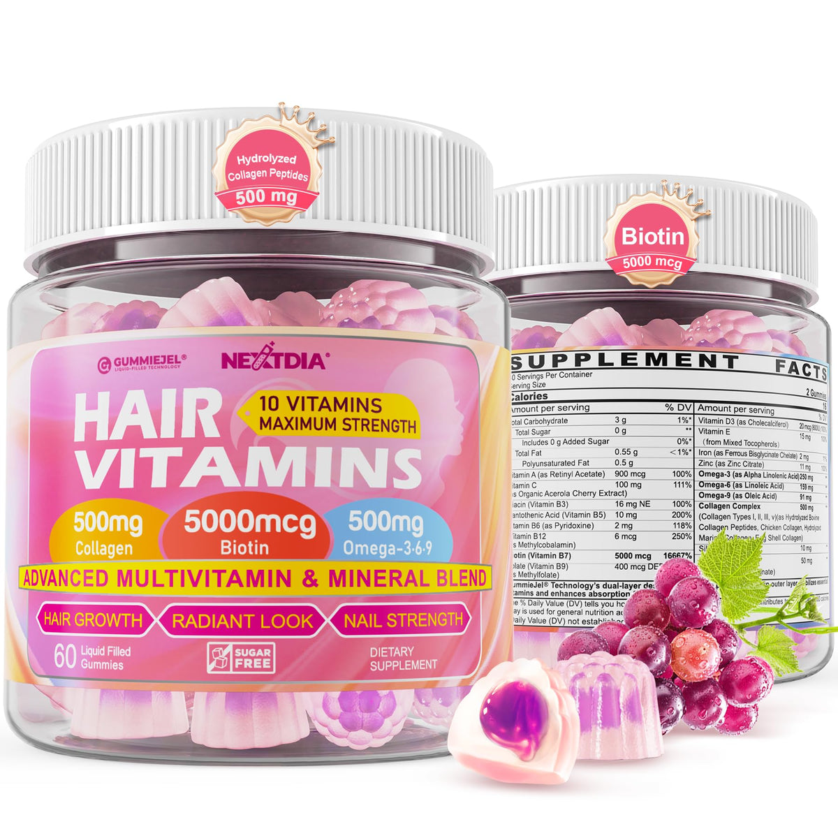 Hair Growth Vitamins Gummies bottle on white background