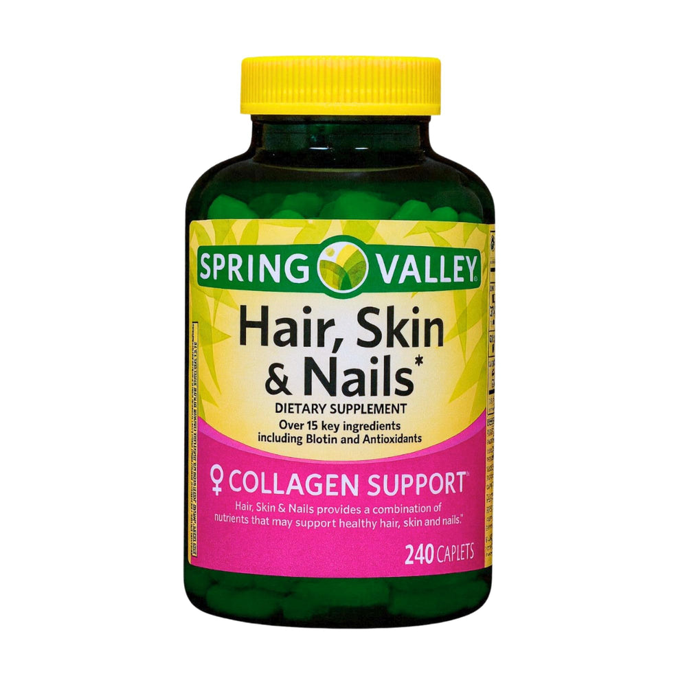 Bottle of Hair, Skin & Nails supplement with 240 caplets