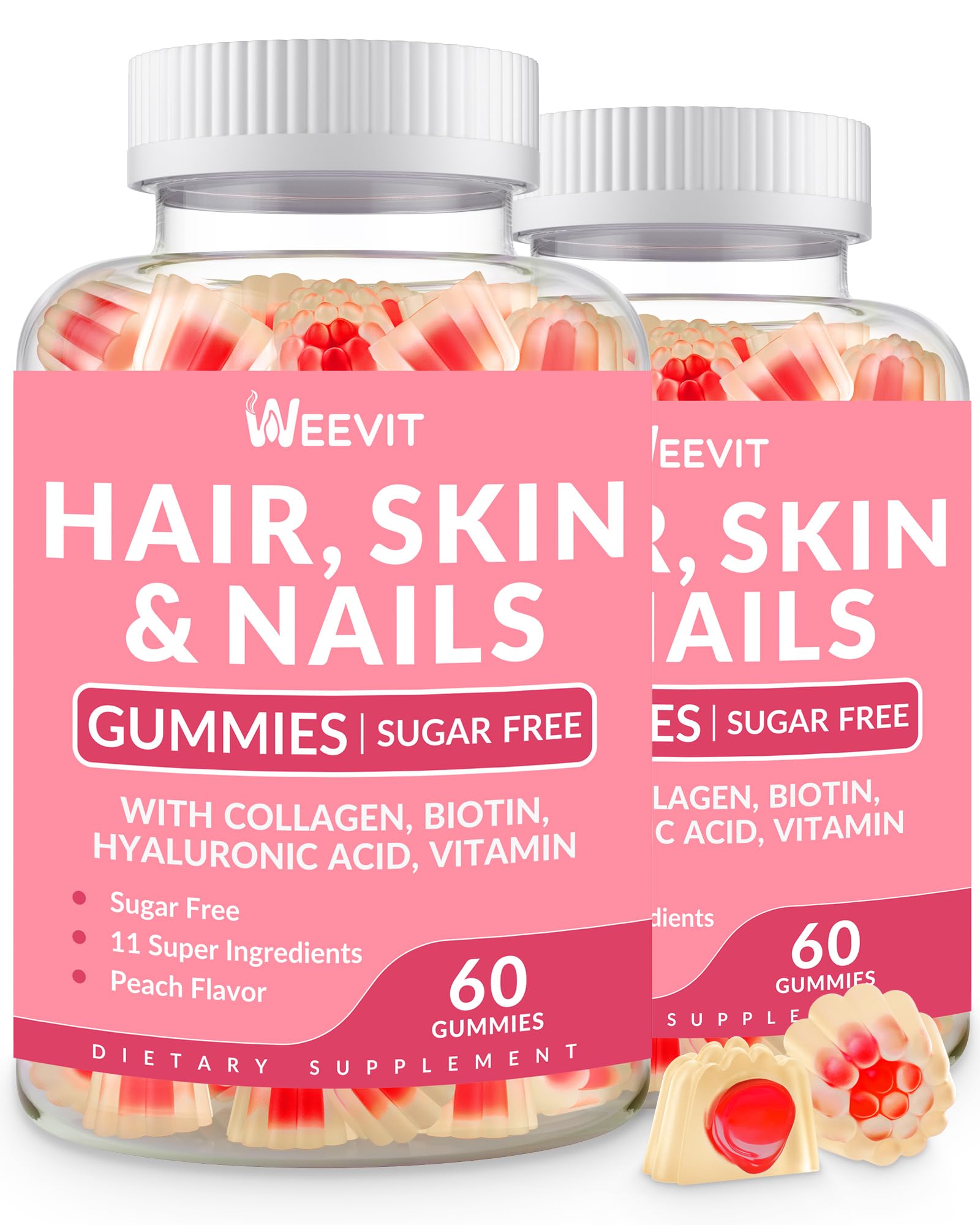 Hair Skin Nails Gummies bottle label with Biotin and Collagen