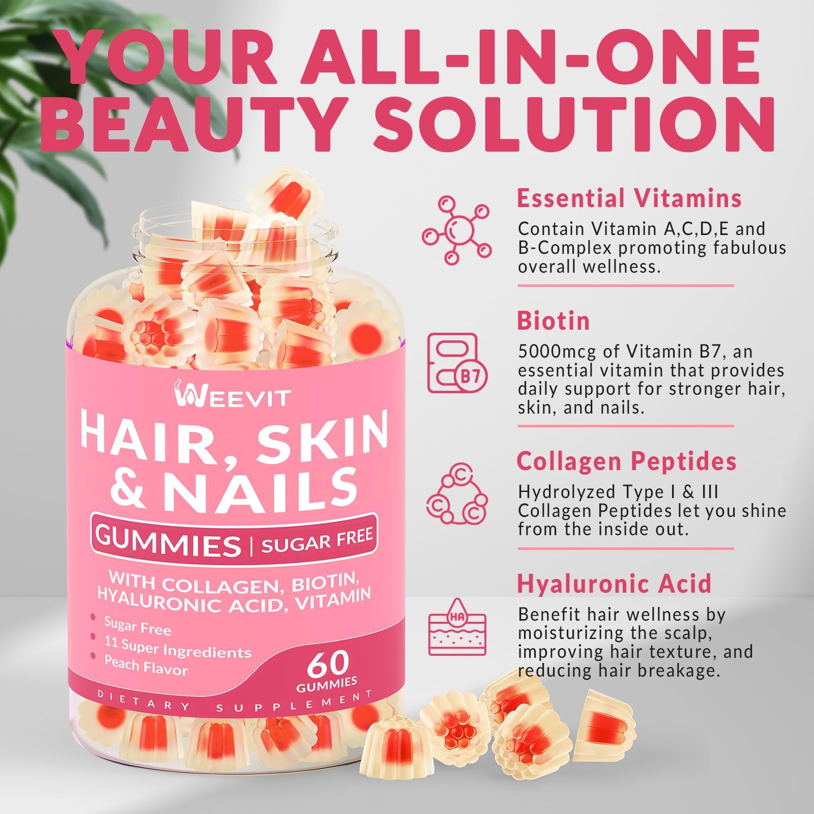 Close-up of gummies showing Biotin, Collagen and Hyaluronic Acid ingredients