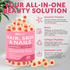 Close-up of gummies showing Biotin, Collagen and Hyaluronic Acid ingredients