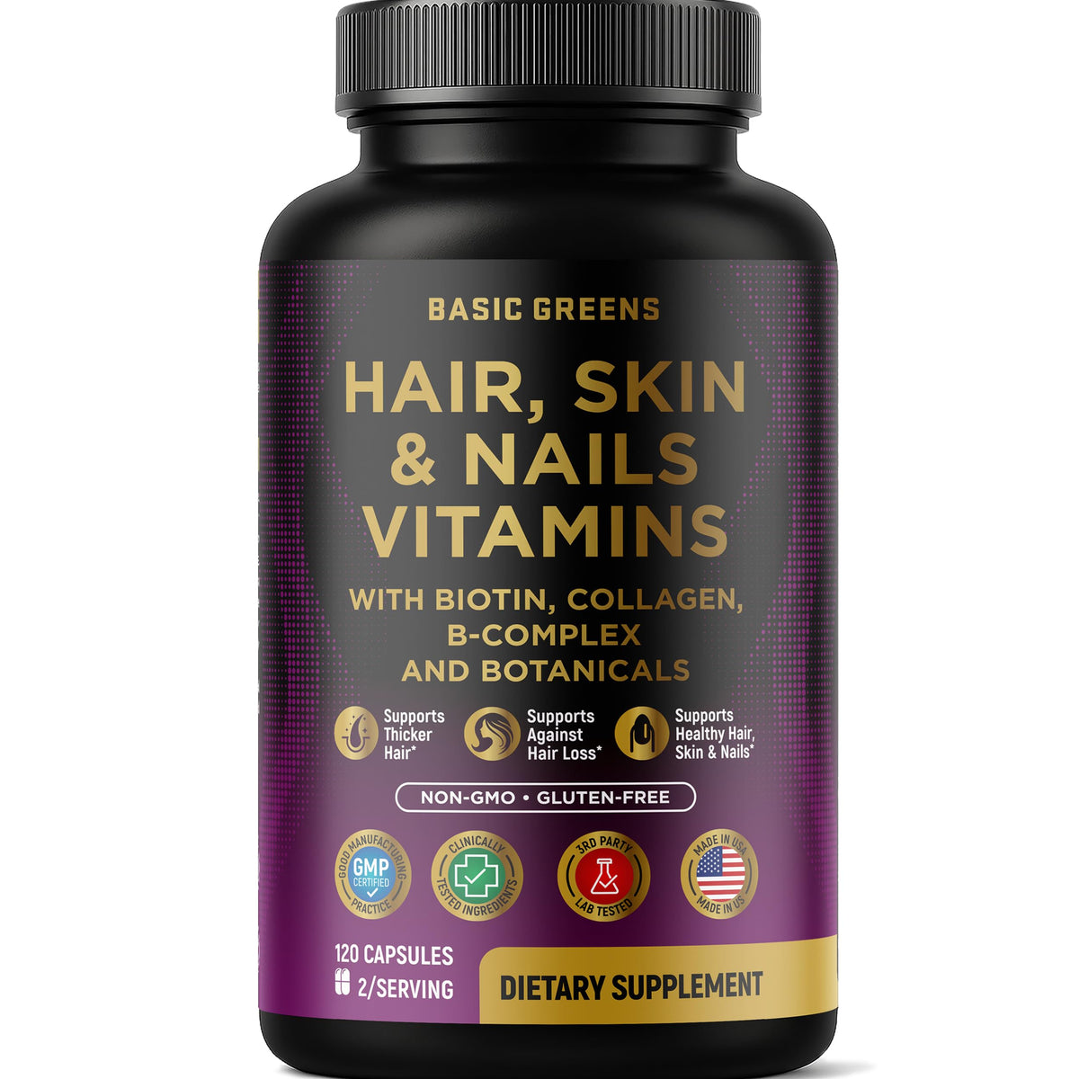 Bottle of Hair, Skin & Nails Vitamins with Biotin 10000 mcg, 120 capsules