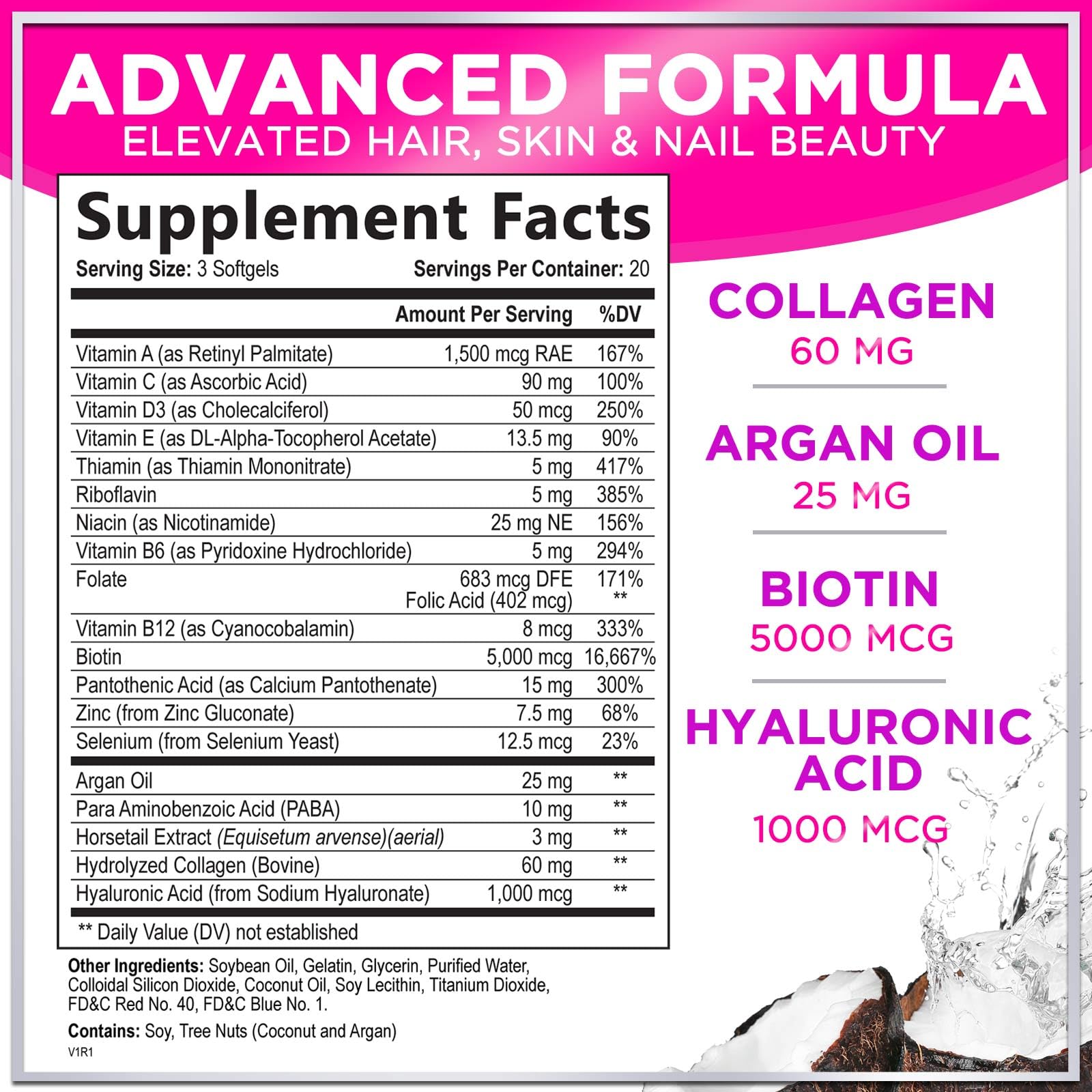 Close-up of Biotin 5000mcg softgels with Argan Oil & Collagen