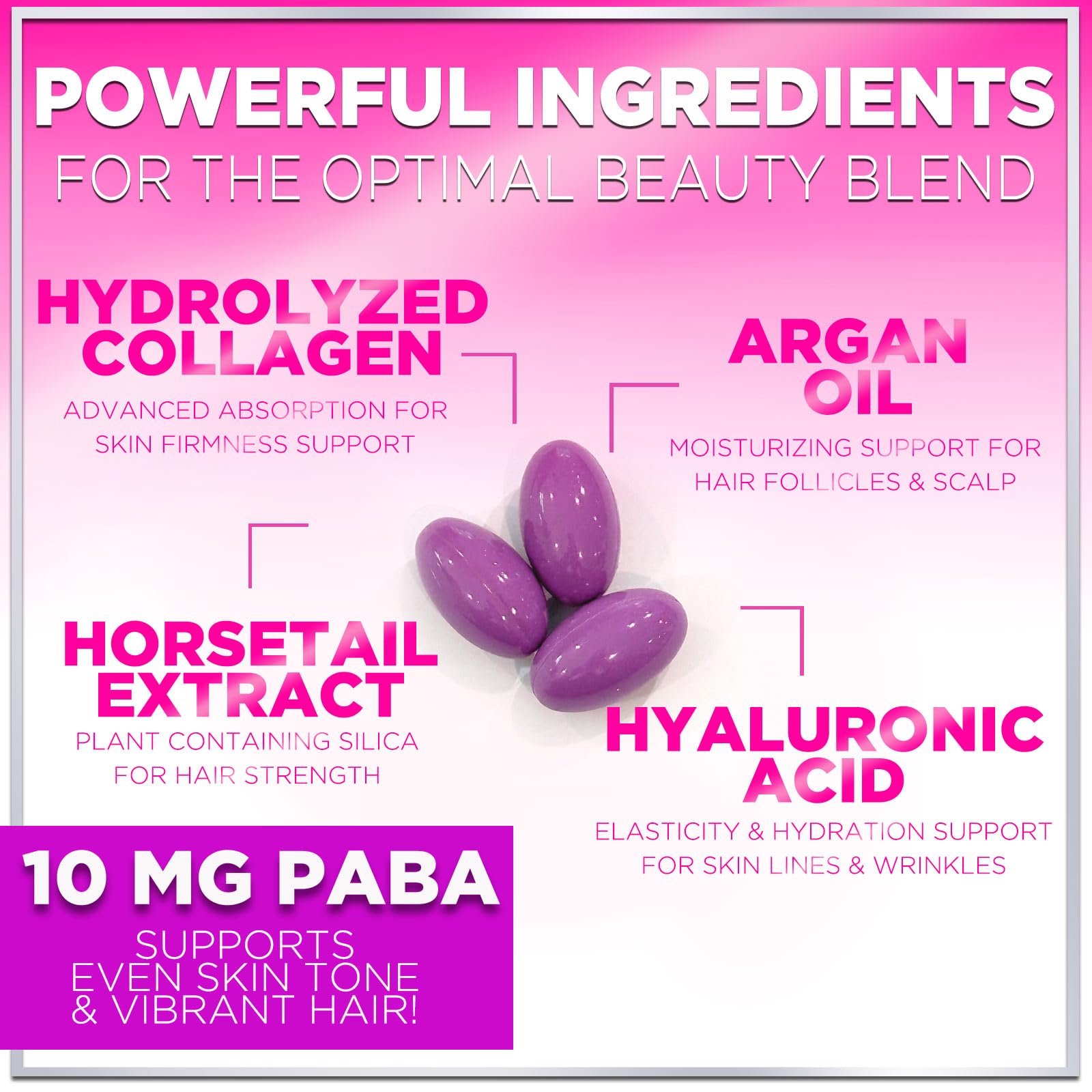 Ingredients close-up: Biotin 5000mcg, Argan Oil, Collagen and Hyaluronic Acid