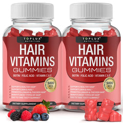 Hair vitamins gummies bottle label with Biotin 5000mcg and berry flavor