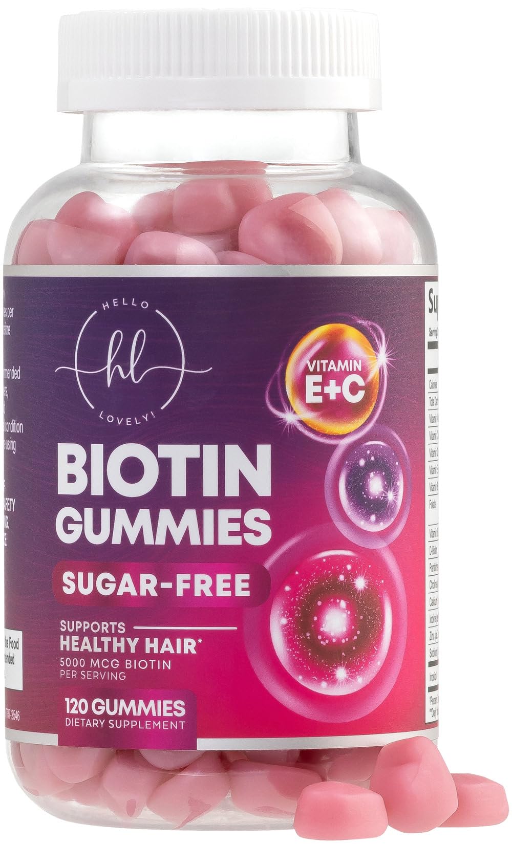 Hair vitamins gummy bottle with Biotin 5000 mcg label