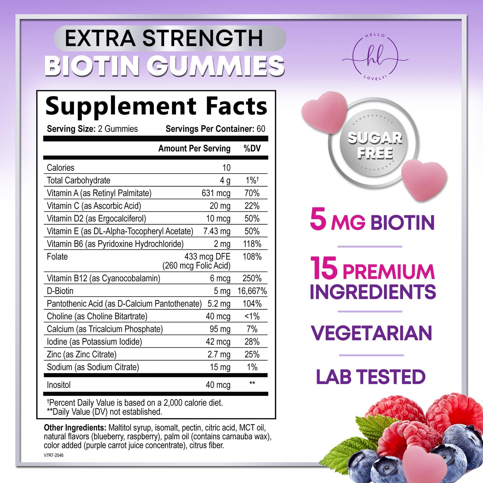 Close-up of hair vitamins gummies displaying Biotin 5000 mcg