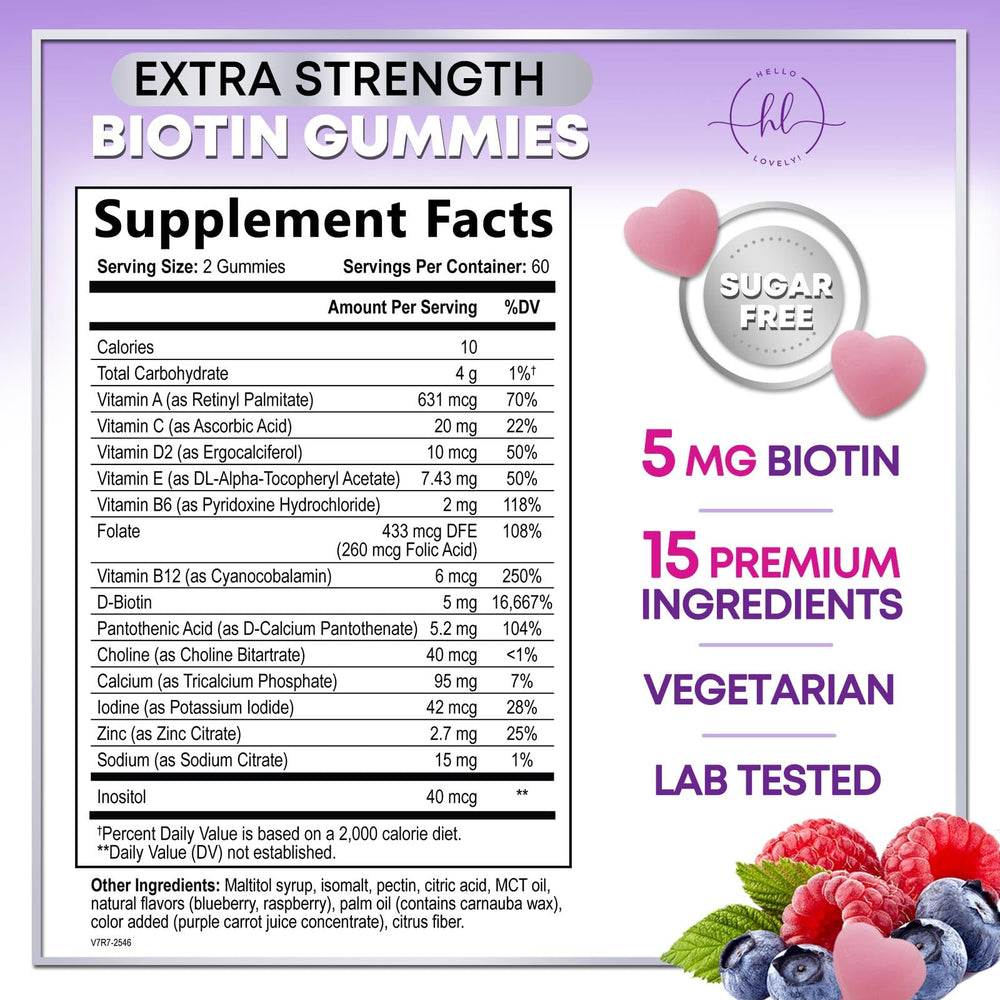 Close-up of hair vitamins gummies displaying Biotin 5000 mcg