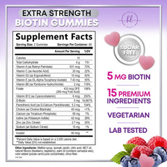 Close-up of hair vitamins gummies displaying Biotin 5000 mcg