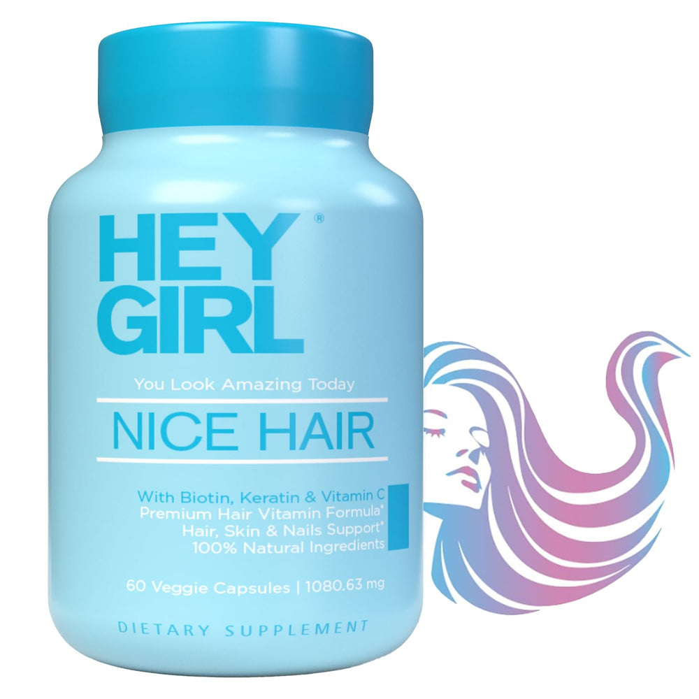 Bottle of hair vitamins with Biotin, Keratin and other nutrients