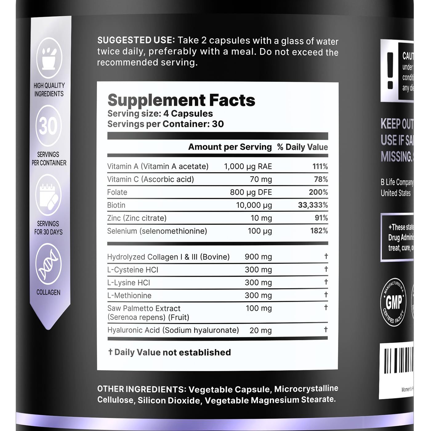 Close-up of hair growth vitamins bottle and capsules