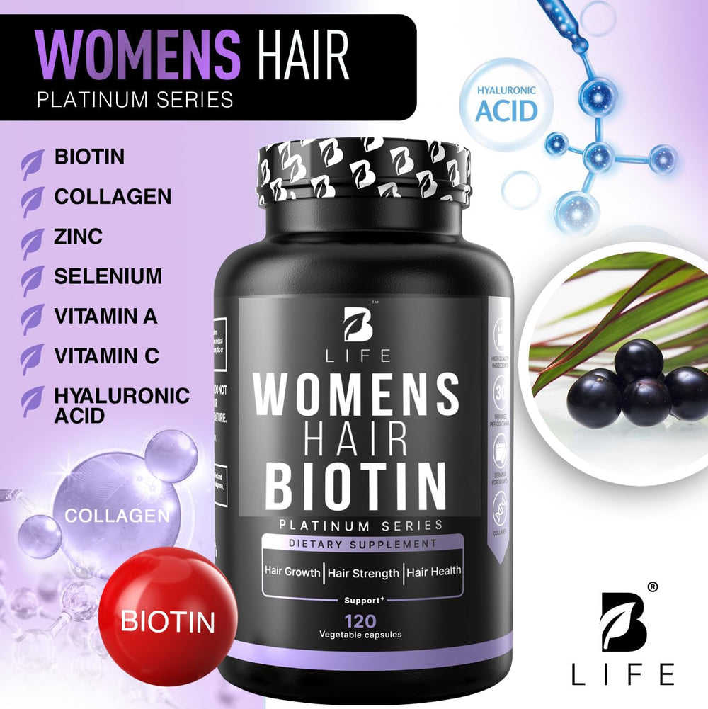 Packaging for hair vitamins for women against white background