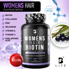 Packaging for hair vitamins for women against white background