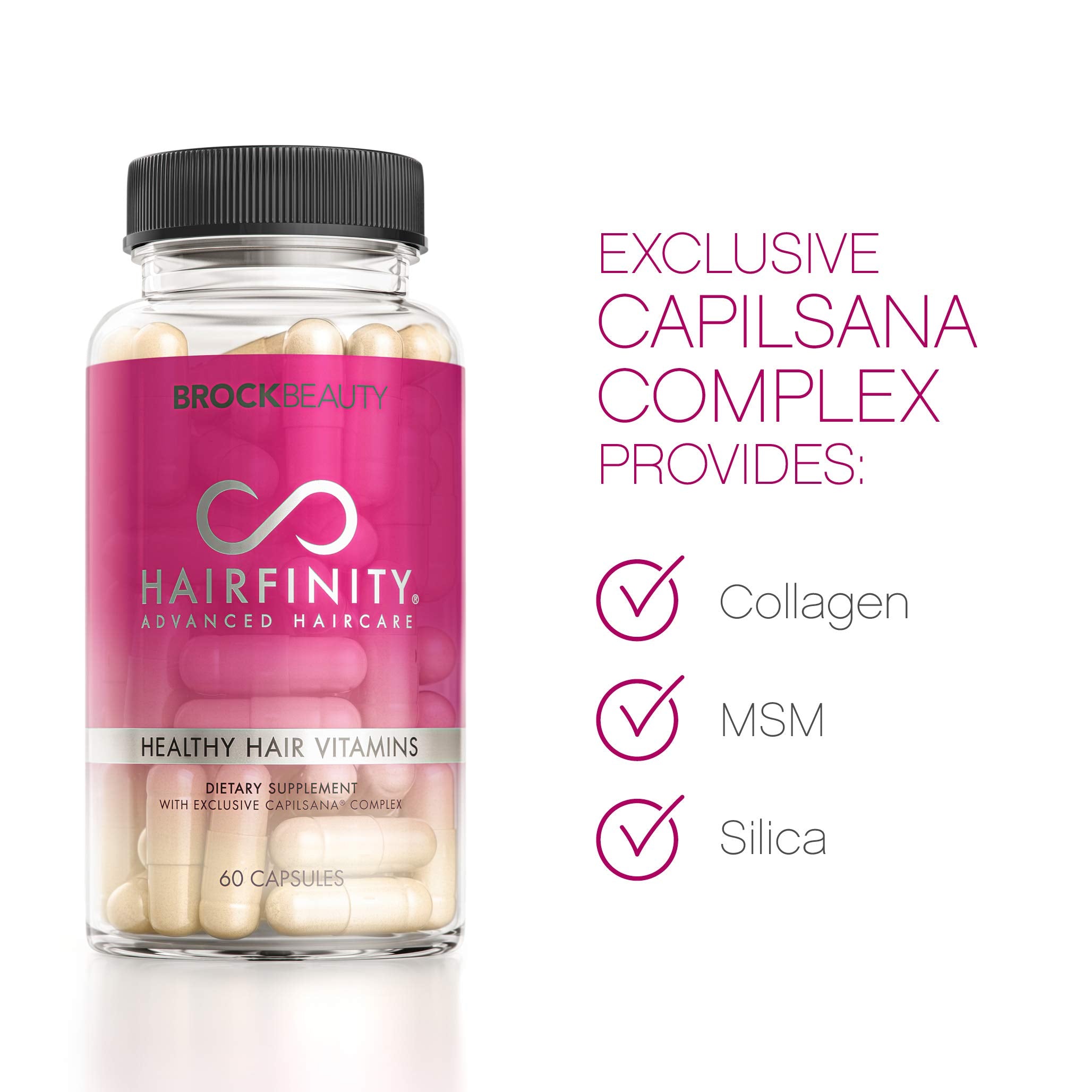 Graphic illustration of Capilsana Complex ingredients (Collagen, MSM, Horsetail)