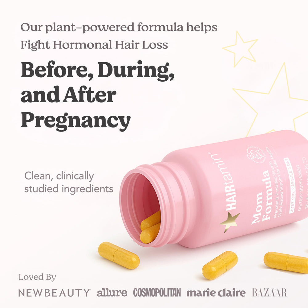 Close-up of HAIRtamin MOM bottle with vegan capsules