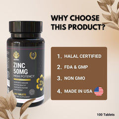 Back label of Halal Zinc 50 mg bottle detailing ingredients