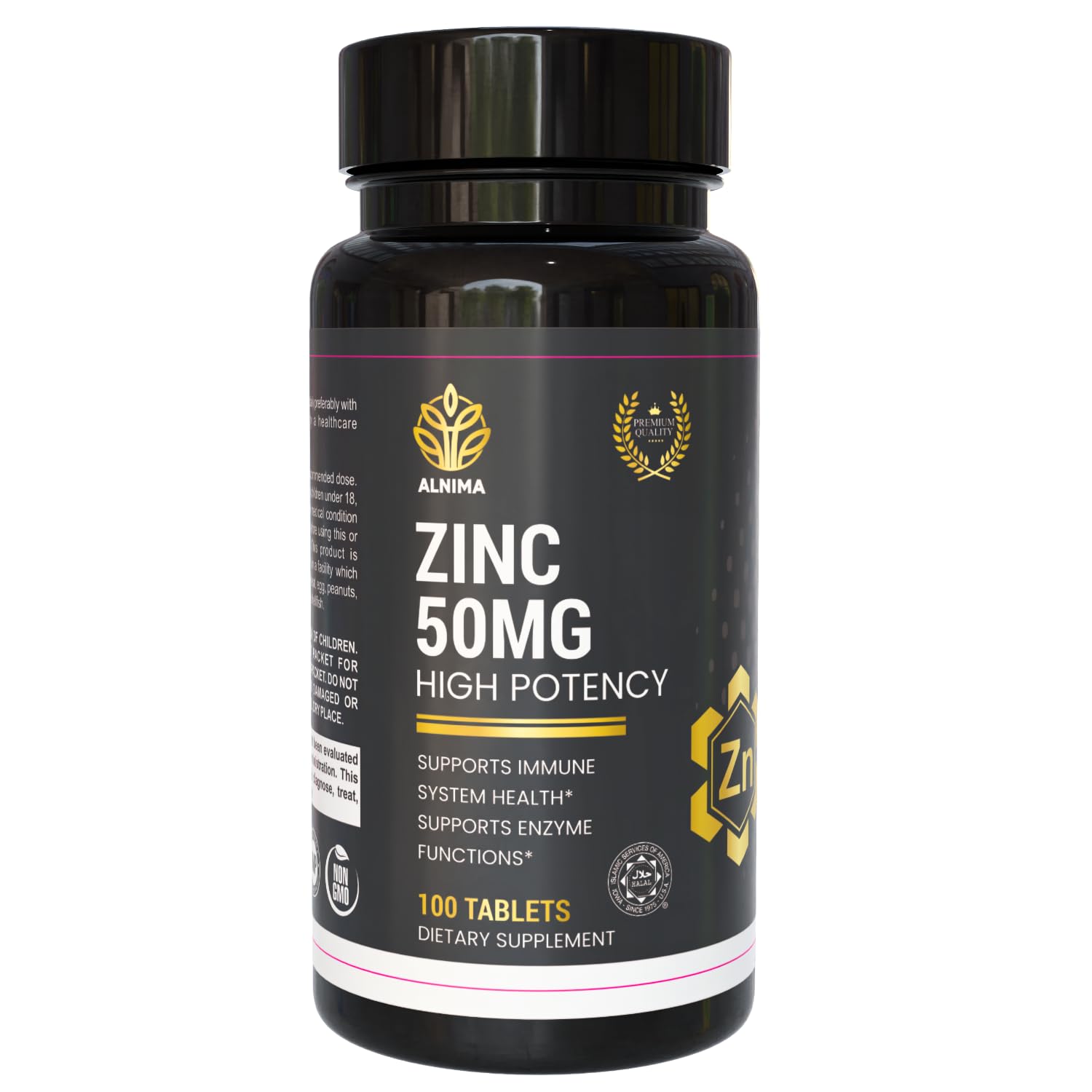 Front view of Halal Zinc 50 mg bottle with label